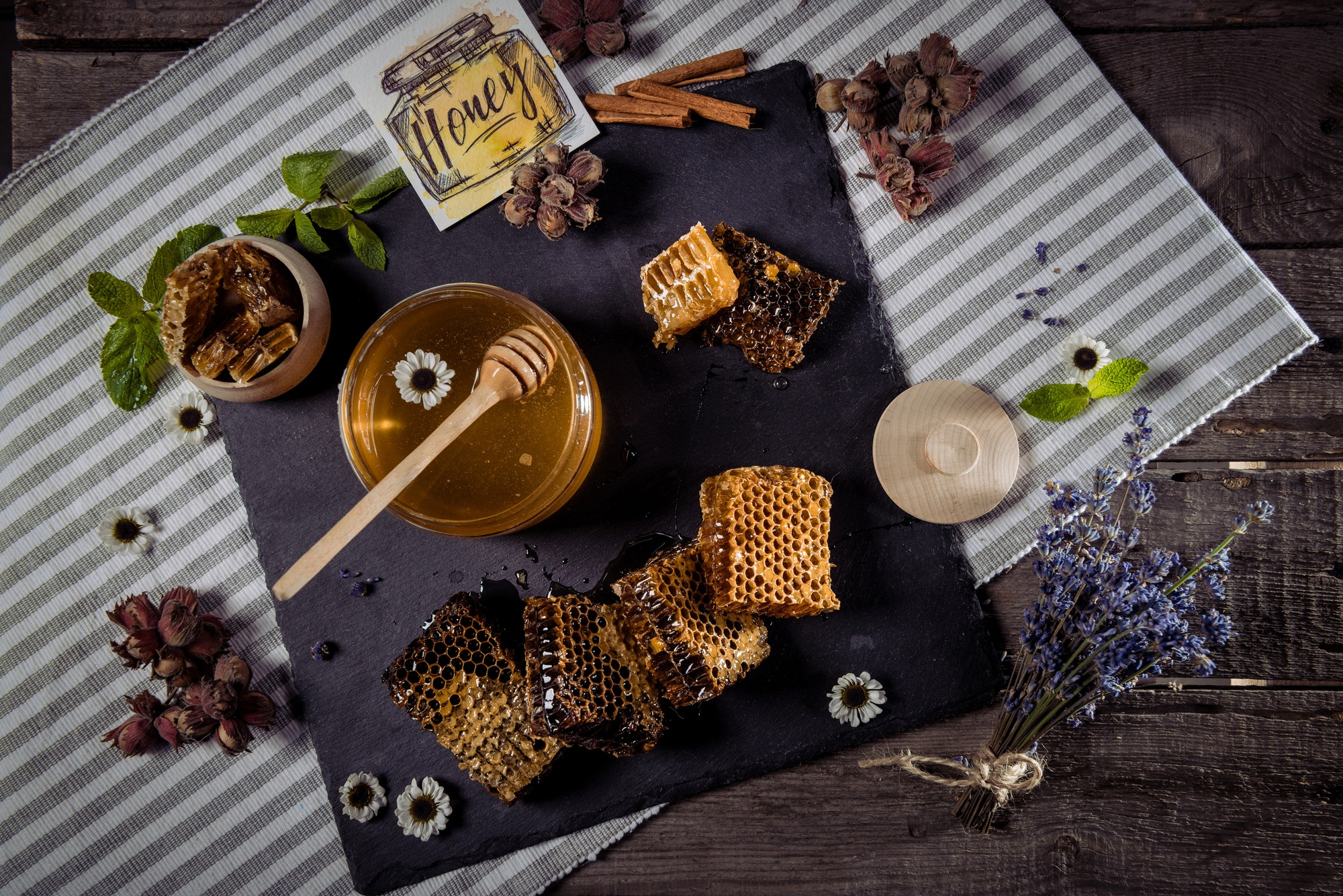 top view of fresh sweet honey in glass jar with honey dipper, honeycombs and card with inscription